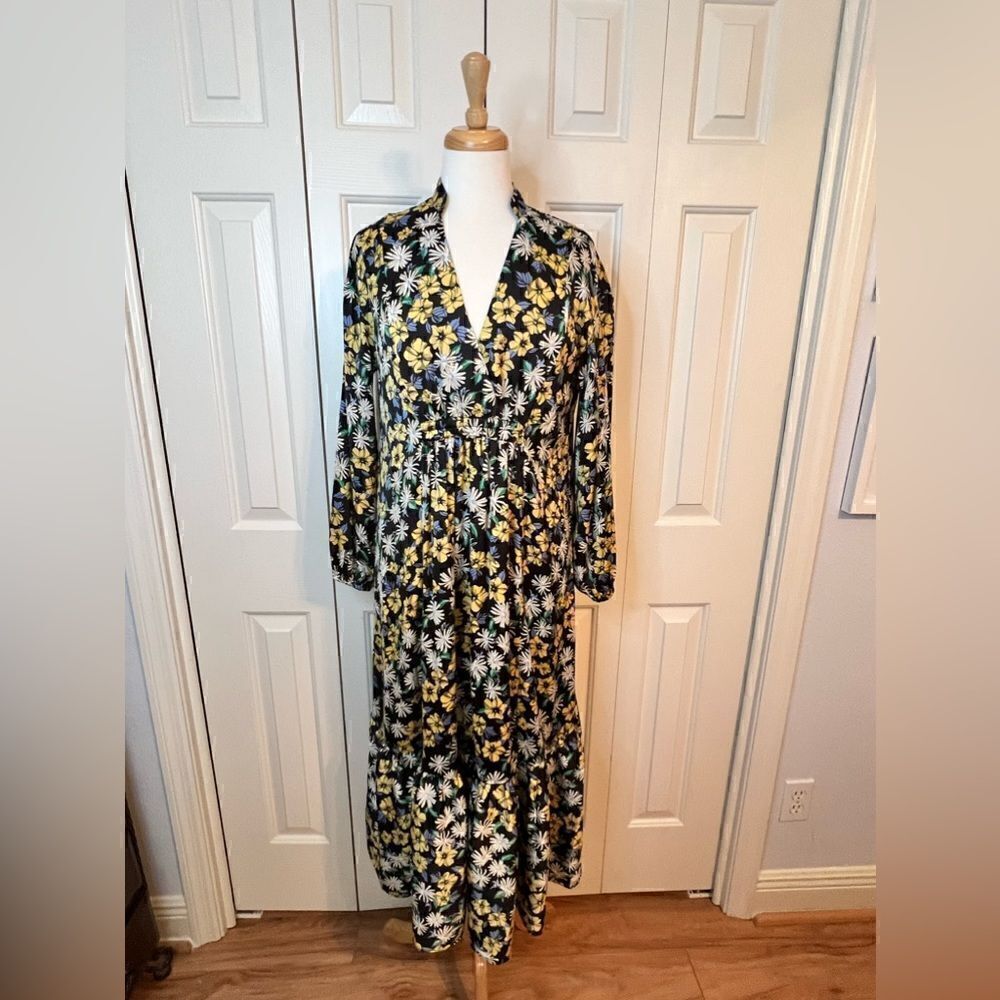 NWT Mango polyester midi smock dress in black floral